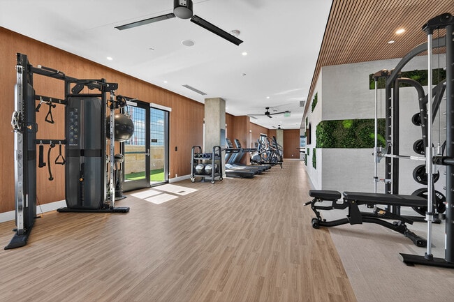Gimnasio con una combinación de máquinas cardiovasculares y de pesas. - AMLI Golden Triangle