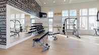 Located off I-75 in Sarasota, FL, this single-floor fitness center is designed to offer a bright, motivating environment for a full-spectrum workout experience. The space is characterized by soaring ceilings and an expansive wall of large, multi-pane windows that flood the interior with natural light and frame views of the surrounding palm-lined community.

The flooring throughout is light-toned hardwood, lending a clean and modern aesthetic. The walls feature a distinctive horizontal striped accent in gold and gray tones, complemented by an eye-catching typographic mural wall showcasing fitness-related words, adding an energetic visual element to the space.

The fitness center is comprehensively equipped across multiple zones. A dedicated strength training area houses a wide selection of selectorized cable machines and multi-functional resistance equipment. A free weights section provides a full dumbbell rack, adjustable benches, medicine balls, and stability balls, supported by wall-to-wall mirrors that maximize the sense of space. Mounted flat-screen televisions are positioned throughout for convenient viewing during workouts.

The cardio zone features treadmills with individual screens and a rowing machine, all positioned to take advantage of the sweeping outdoor views. Additional functional training accessories, including resistance bands and exercise mats, round out this thoroughly appointed fitness facility.