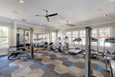 Located at 3378 Greenbriar Pkwy SW in Atlanta, GA, this fitness center offers a comprehensive exercise environment designed to support a wide range of workout routines. The single-floor space is thoughtfully laid out to accommodate both cardio and strength training activities without feeling cramped.

The room is flooded with natural light through multiple large windows that line the walls, offering views of the surrounding outdoor area, including a glimpse of a pool. Dual ceiling fans maintain airflow throughout, complementing the recessed lighting overhead. Crown molding and clean white walls contribute to a polished, well-maintained aesthetic.

The distinctive geometric-patterned carpet in shades of gray and blue adds a modern visual energy to the floor. Cardio equipment includes multiple treadmills, elliptical machines, and cycling bikes, while strength training is well-represented with cable machines, a multi-functional rack, medicine balls, and a full dumbbell rack with an adjacent mirror wall that enhances the sense of spaciousness. A dedicated area for cycling bikes and selectorized machines rounds out the offerings.

Overall, the fitness center strikes a balance between functionality and design, providing users with a clean, bright, and fully equipped environment for a complete workout experience.