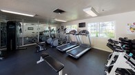 This fitness center is a dedicated, single-floor exercise facility designed to support a well-rounded workout routine. The space features durable rubber flooring throughout, providing a safe and functional surface for all types of training activities.

The cardio section is equipped with multiple treadmills and elliptical machines, including Precor-brand equipment, allowing for a variety of aerobic workouts. A wall-mounted flat-screen television is positioned for easy viewing during cardio sessions. Natural light filters in through several windows, creating a bright and energizing atmosphere.

For strength training, the facility includes a cable crossover machine, a set of free weights and dumbbells neatly organized on a rack, a weight bench, and additional resistance equipment. A large wall mirror spans a portion of the space, enhancing the sense of openness and allowing users to monitor their form during workouts.

A dedicated stretching and functional fitness area features a rack of medicine balls and stability balls in various sizes. Motivational signage is displayed on the walls, contributing to an encouraging workout environment.

Large glass doors open directly to an outdoor pool and patio area, seamlessly connecting the indoor fitness space with outdoor amenities. The center is finished with a textured ceiling and recessed fluorescent lighting, maintaining a clean and practical interior aesthetic.