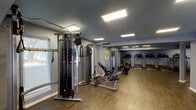 Located at 7510 Brompton St in Houston, TX, this fitness center offers a comprehensive workout facility across a single floor. The space is finished with durable wood-look flooring and painted in a cool grey palette, creating a modern and focused atmosphere throughout.

The facility is organized into distinct workout zones. The cardio area features a row of treadmills and elliptical machines lined along one wall, complemented by rowing machines positioned near large windows that bring in natural light and provide views of the surrounding greenery. A dedicated strength training zone houses multiple cable and pulley machines, along with adjustable benches, supporting a wide range of resistance exercises.

The free weights area includes a full dumbbell rack with a variety of weights, kettlebells, medicine balls, and stability balls, alongside a weight bench. A large wall-mounted mirror spans this section, allowing users to monitor their form. Decorative artwork is displayed throughout the space, adding a polished aesthetic to the functional environment.

Recessed panel lighting illuminates the entire facility evenly, ensuring a well-lit environment at all times. The layout is open and spacious, allowing for comfortable movement between equipment zones. Glass doors provide access to the exterior, further enhancing the sense of openness within this well-appointed fitness center.