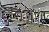 Located at 1955 Bells Ferry Rd in Marietta, Georgia, this single-floor fitness center offers a well-appointed workout facility designed for a comprehensive exercise experience. The space is immediately distinguished by its dramatic vaulted ceilings adorned with bold, dark exposed beam trusses, lending an open and airy atmosphere throughout. Walls are finished in a combination of cool gray and energizing green, creating a motivating and modern aesthetic that is complemented by patterned carpet tile flooring in shades of gray and yellow-green.

Natural light flows in through multiple white-framed windows, offering views of the surrounding greenery and providing a welcoming workout environment. Recessed lighting supplements the natural illumination throughout the space.

The facility is comprehensively equipped for both cardio and strength training. Cardio equipment includes multiple treadmills, stationary bikes, and elliptical machines. The free weights section features a full dumbbell rack, kettlebell stand, and medicine ball storage, alongside adjustable benches for versatile strength training. A cable machine and wall-mounted mirrors further enhance the strength training area. Multiple wall-mounted flat-screen televisions are positioned throughout, ensuring entertainment is accessible from anywhere in the space. A French-style glass door connects distinct zones within the facility, adding an elegant architectural touch.