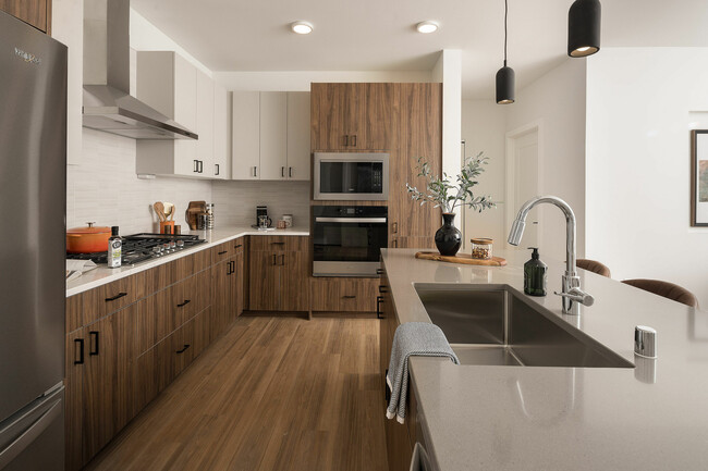 Experience culinary bliss in this contemporary kitchen, featuring top-notch finishes and design. - Caroline Heights Apartments