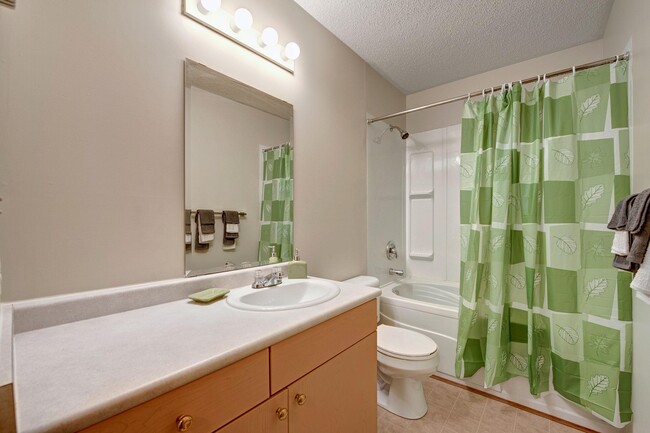 A bathroom with shower, tub, and a mirror above the sink - Ridgeview Village