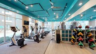 This fitness center is a thoughtfully designed workout facility that combines vibrant aesthetics with comprehensive equipment offerings. The space is immediately distinguished by its bold teal ceiling, which is fitted with sleek track lighting and a ceiling fan to ensure proper airflow and illumination throughout. Large floor-to-ceiling windows line the walls, flooding the interior with abundant natural light and providing open views of the surrounding exterior. The flooring features a combination of carpet and hardwood-style surfaces, clearly delineating cardio and functional training zones. A full row of cardio machines — including ellipticals, treadmills, and stationary bikes — is neatly arranged along the windowed wall, each positioned to take advantage of the bright, airy atmosphere. Wall-mounted flat-screen televisions are placed for convenient viewing during workouts. On the opposite side, a white shelving unit organizes medicine balls and fitness accessories, while additional equipment such as free weights and strength training machines are visible toward the rear. Exercise mats are also stored and accessible for floor-based workouts. The overall ambiance is energetic yet clean and organized, creating an inviting environment well-suited for a wide range of fitness routines.