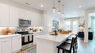 Located at 1 Riverside Ave in Jacksonville, FL, this thoughtfully designed one-bedroom, one-bathroom residence offers a bright and modern living experience across a single floor. The open-concept kitchen and dining area serves as the heart of the home, showcasing floor-to-ceiling white cabinetry, a tiled backsplash, stainless steel appliances, and a generous quartz-topped island with bar seating illuminated by globe pendant lights — an ideal space for both cooking and entertaining. Light wood-tone flooring runs throughout, lending warmth and continuity to the layout. The living room is welcoming and well-lit, with a glass door providing access to an outdoor balcony and views beyond. The bedroom is a serene retreat, featuring a ceiling fan, large windows that invite natural light, and a comfortable, cozy atmosphere. The full bathroom is elegantly appointed with a wide vanity, globe-style sconce lighting, a full soaking tub, and direct access to the bedroom. Two closets — including a generous walk-in with multi-tier wire shelving — provide ample storage. A dedicated laundry area adds everyday convenience to this well-appointed Jacksonville residence.