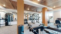 Located at 7130 Adelo Point in Colorado Springs, CO, this fitness center offers a generously sized, single-floor workout facility designed to accommodate a wide range of exercise needs. The space features a distinctive architectural design highlighted by coffered ceilings with rich wood-paneled insets, recessed lighting, and ceiling fans that contribute to a comfortable and modern atmosphere throughout.

The facility is thoughtfully organized into distinct workout zones. A dedicated cardio area lines the perimeter near large windows, which allow ample natural light to fill the space and provide outdoor views, housing multiple treadmills, elliptical trainers, and a rowing machine. The strength training zone is well-appointed with a power rack, barbells, and a full dumbbell rack ranging across various weights, complemented by floor-to-ceiling mirrors that visually expand the space. Additional selectorized machines offer targeted muscle training options. A functional training area includes medicine balls, kettlebells, and stability balls neatly organized on a dedicated rack.

Warm earth-toned columns punctuate the open floor plan, adding visual character while defining workout areas. The carpeted flooring provides a practical and comfortable surface throughout. The overall ambiance is clean, modern, and well-maintained, making this fitness center a comprehensive and inviting space for users of all fitness levels.
