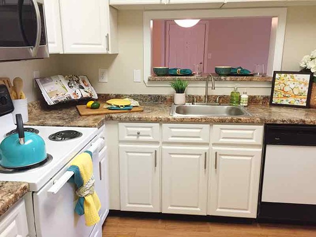 Your updated kitchen has a cutout breakfast bar that opens into the dining/living area. - Clemson Ridge