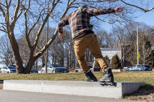 A local skates the ledges of the Cassidy mini skate park in Brookline.