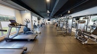 Located at 212 NE First Ave in Pompano Beach, Florida, this fitness center offers a generously sized, single-floor workout facility designed to support a full range of exercise routines. The space is laid out in a long, open floor plan, maximizing usability and providing clear sightlines throughout.

The cardio zone lines one side of the facility and features a row of treadmills, elliptical machines, and stationary cycling bikes, all positioned alongside large windows that overlook a lush outdoor green area, flooding the space with natural light. Wall-mounted flat-screen televisions are strategically placed throughout for entertainment during workouts.

On the opposite side, a comprehensive strength training area includes a multi-station cable and weight machine setup, along with dedicated leg press and isolation machines. Full-length mirrors along this section enhance visibility and form correction. A dedicated free weights area houses a complete set of kettlebells and medicine balls mounted on wall racks, complemented by open floor space for functional training.

The flooring throughout consists of durable dark rubber tiles, providing traction and impact absorption. The ceiling is finished in a dark industrial style with exposed structural elements and track lighting, lending the space a modern, professional aesthetic. Entry is through elegant double doors with decorative glass panels, adding a refined touch to this well-appointed fitness facility.