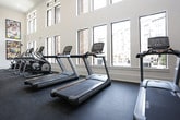 This single-level fitness center is thoughtfully designed to accommodate a full range of workout routines in a bright, open environment. The space is defined by soaring ceilings and expansive windows that flood the interior with natural light, offering views of an outdoor courtyard and surrounding community. Durable dark rubber flooring runs throughout, providing a practical and professional surface suited for high-traffic athletic use. Structural columns punctuate the open floor plan, adding architectural character without compromising the sense of spaciousness.

A dedicated cycling studio is outfitted with multiple stationary bikes, yoga mats, and stability balls, set against a wall accented with bold horizontal color bands that bring energy to the space. The cardio zone features a row of Matrix treadmills and a rowing machine positioned to take full advantage of the large exterior-facing windows. The strength training area is anchored by a lineup of power racks, a functional cable machine, an adjustable bench, and a heavy bag, all set against a rustic wood-paneled accent wall beneath interior transom windows. Together, these zones create a comprehensive, well-organized fitness facility with a modern yet inviting ambiance.