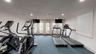 Located at 375 Hillcrest Rd in Mobile, Alabama, this single-floor fitness center is a well-equipped exercise facility designed to support a comprehensive workout routine. The space is finished with distinctive blue geometric-patterned carpet throughout, recessed lighting, and a textured ceiling, creating a clean and functional atmosphere.

The cardio area is positioned toward the front of the room and features multiple elliptical trainers, treadmills, and a spin bike. Wall-mounted flat-screen televisions are positioned above the cardio equipment, and the area benefits from an abundance of natural light streaming through large French doors that open to an outdoor pool area, offering pleasant views during workouts.

The strength training section occupies the rear portion of the facility and includes multiple cable and weight machines suited for a variety of resistance exercises. The walls in this zone are accented with a subtle light geometric wallcovering, adding a modern aesthetic contrast to the crisp white walls elsewhere in the room.

The space is well-ventilated with ceiling vents and maintains a bright, open feel throughout. The French doors provide convenient direct access to the outdoor amenity area, seamlessly connecting the interior fitness space with the exterior environment. Overall, the fitness center is thoughtfully organized to accommodate both cardio and strength training needs in a comfortable, well-lit setting.