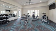 This single-story fitness center is divided into two well-defined workout zones, each distinguished by its own boldly patterned carpet. The larger cardio area features vibrant orange and grey geometric-patterned flooring and houses a row of TRUE treadmills, upright and recumbent stationary bikes, and additional cardio equipment positioned beneath large windows that bring in ample natural light. A dramatic grey accent wall displays an oversized motivational mural with words like "attitude," "strength," "effort," and "results" in layered green, white, and grey lettering, with a wall-mounted flat-screen TV above. Storage cubbies, stability balls, and a mat for stretching or floor exercises complete the space.

The adjoining strength training zone features a rich dark brown and teal geometric carpet, ceiling fans, and recessed lighting. This area is outfitted with a cable crossover machine, multiple selectorized strength machines, free weights, a weight bench, and a stretch mat. Large mirrors line one wall, enhancing the sense of openness. Windows throughout both zones provide views of the surrounding exterior landscape, keeping the environment bright and airy. Together, the two zones offer a comprehensive fitness experience in a thoughtfully designed, energetic setting.