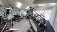 This fitness center offers a thorough and well-organized workout environment housed within a single-floor facility. The space is outfitted with a diverse selection of professional-grade equipment, including Matrix stair climbers, elliptical machines, and treadmills for cardiovascular training. A dedicated free weights area features a full rack of dumbbells alongside a flat bench, catering to strength training needs. The room is illuminated by overhead fluorescent lighting, supplemented by natural light streaming in through large windows fitted with sheer curtains, creating a bright and energizing atmosphere. Full-length mirrors line one wall, visually expanding the space and allowing users to monitor their form during workouts. The flooring combines carpet with interlocking foam mat sections in the free weights area for added comfort and safety. The light gray walls and clean, neutral color palette contribute to a focused and motivating environment. The thoughtful layout ensures ample space between equipment, allowing for comfortable movement throughout the facility. Overall, this fitness center provides a practical, well-lit, and fully equipped setting suitable for a wide range of fitness goals.