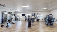 Located at 655 W Mallard Creek Church Rd in Charlotte, NC, this well-appointed fitness center offers a comprehensive and thoughtfully organized workout facility across a single floor. The space is divided into distinct functional zones, each designed to support a variety of exercise routines. The main strength training area features multiple cable and resistance machines arranged across light wood-style flooring, with wall-mounted flat-screen TVs throughout and large windows that flood the space with natural light. Ceiling fans and recessed flush-mount lighting ensure comfort during workouts. A dedicated cardio zone showcases an impressive floor-to-ceiling arched window wall with glass French doors, providing an open, airy atmosphere and scenic outdoor views. Treadmills, ellipticals, and stationary bikes are positioned to take full advantage of this natural light. A separate cycling studio houses Matrix spin bikes and additional mounted displays, with clean white walls and an open layout that encourages group or individual sessions. The facility also includes restroom amenities accessed through white-paneled doors, wall mirrors for form checking, and a water station. Floor-to-ceiling glass entry panels at the entrance offer a transparent view into the space, giving the fitness center a modern, welcoming aesthetic throughout.