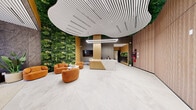 The lobby at 4270 Third Ave is a thoughtfully designed, single-floor space that combines contemporary materials and biophilic elements to create a welcoming first impression. The entry hallway is defined by floor-to-ceiling fluted wood-paneled walls in a warm natural tone, complemented by large-format light marble-effect porcelain flooring that extends throughout the entire space. A sculptural slatted ceiling installation with organic, curved edges serves as a striking architectural centerpiece, creating visual depth while incorporating lush greenery along its edges.

The reception area features a staffed concierge desk with a marble-finish surface and fluted wood base, positioned against a textured dark feature wall. Linear pendant lighting above the desk provides focused illumination, while a built-in mailroom and package area are accessible nearby. A wall-mounted display screen adds a functional, modern touch.

The lounge area offers a comfortable seating arrangement with curved, rust-orange upholstered sofas and armchairs gathered around a round marble-top coffee table. A dramatic floor-to-ceiling living green wall serves as a vibrant focal point, filled with diverse plant species and flowering accents. Potted tropical plants are positioned throughout, reinforcing the natural, biophilic design ethos. Textured grey stone wall panels and a window view to the outdoors complete the lounge's refined, inviting ambiance.