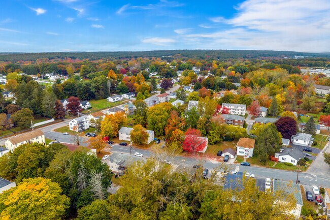 Residential streets are set amid tree-lined blocks.