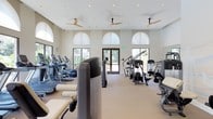 This fitness center offers a thoughtfully designed workout environment that combines functionality with an open, welcoming atmosphere. The space is characterized by soaring ceilings fitted with modern ceiling fans, which work together to maintain comfortable airflow throughout the facility. Elegant arched windows line the upper walls, flooding the interior with abundant natural light and offering views of the surrounding greenery, creating an energizing backdrop for exercise.

The layout is spaciously organized to accommodate a diverse range of equipment without feeling crowded. Cardio machines, including treadmills and ellipticals, are arranged along one side of the room, while a comprehensive selection of strength training and resistance machines occupies the opposite side, catering to a full-body workout experience. Large glass double doors provide a welcoming entryway and further enhance the connection to the outdoors.

The interior finishes are clean and neutral, with light-toned walls and flooring that contribute to the bright, airy ambiance. Recessed lighting complements the natural light, ensuring the space is well-illuminated at all hours. A wall-mounted mirror adds depth to the room while serving a practical purpose for form monitoring. Overall, this fitness center delivers a polished, professional environment well-suited for a wide range of fitness routines.