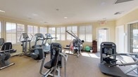 This fitness center is a thoughtfully designed, single-floor exercise facility offering a well-rounded workout environment. The space is lined with large windows dressed in classic plantation shutters, allowing generous natural light to fill the room while providing views of lush greenery outside. Warm yellow-toned walls and neutral carpeted flooring contribute to a welcoming, comfortable atmosphere.

The cardio section is well-stocked with multiple treadmills, elliptical trainers, and a stationary bike, all from Life Fitness — a recognized commercial-grade brand. Strength-training options include a variety of cable and resistance machines positioned thoughtfully throughout the space. Stability balls and additional free-weight accessories are available for supplementary training.

A wall-mounted flat-screen television is installed above a large mirror that runs along one wall, visually expanding the room and allowing users to monitor their form during workouts. Recessed lighting overhead ensures even illumination throughout. The facility is equipped with a dedicated exit door as well as an interior glass door that connects to an adjacent room, providing both safety and accessibility. The overall layout is open and functional, offering ample room to move between equipment comfortably.