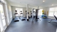 This fitness room offers a clean, functional environment designed to support a well-rounded workout routine. The space features durable rubber flooring in a speckled gray finish, providing both safety and resilience underfoot. Natural light fills the room through multiple windows along the walls, creating an open and energizing atmosphere complemented by recessed ceiling lighting.

The cardio section is anchored by two treadmills and an elliptical trainer, each equipped with individual display screens for tracking workout metrics. A structural column near the center of the room subtly divides the space without impeding functionality. A multi-purpose cable machine serves as the primary strength training station, offering a variety of resistance-based exercises. In the corner, an assortment of exercise balls in multiple sizes provides options for flexibility, balance, and core training.

The walls are finished in a neutral gray-white tone, contributing to the room's clean and modern aesthetic. The overall layout is thoughtfully organized, allowing users to move freely between equipment. The abundance of natural light and the uncluttered design make this fitness room an inviting and practical space for daily exercise.