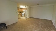 This single-floor residence offers a practical and comfortable layout designed for everyday living. The living area is generously proportioned, featuring wall-to-wall carpeting in a warm neutral tone that creates a cozy and inviting atmosphere. A distinctive lattice-style room divider elegantly separates the living space from the kitchen, allowing light to pass between the two areas while maintaining a sense of definition and structure.

The kitchen is well-appointed with warm wood-toned cabinetry that provides ample storage space. A white range with overhead ventilation, a countertop workspace, and a peninsula-style counter add both functionality and convenience to the cooking area. The kitchen flooring transitions to a lighter surface, offering a subtle visual contrast to the carpeted living space.

The overall color palette throughout the residence is soft and neutral, with light-toned walls that contribute to a bright and airy feel. A wall-mounted thermostat in the living area adds a practical touch. Flush-mount ceiling lighting provides consistent illumination throughout. The space strikes a balance between openness and definition, making it a versatile and functional single-floor home.