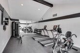 The fitness center at 3900 Fir Tree in Riverside, California, is a well-appointed, single-level facility designed to support a comprehensive workout experience. The space features soaring vaulted ceilings accented by bold dark exposed beams, lending the room a dynamic and modern character. A striking black accent stripe runs along the upper perimeter of the white walls, creating a sharp, contemporary aesthetic throughout.

The main workout area is equipped with multiple True-brand treadmills, elliptical cross-trainers, a stationary recumbent bike, a stair climber, and a multi-function cable machine, providing a thorough range of cardio and strength training options. A dedicated free weight section includes a tiered dumbbell rack stocked with a full set of weights. Full-length mirrored wall panels visually expand the space and allow users to monitor their form during exercise.

Durable rubber flooring covers the entire area, offering both safety and comfort underfoot. Large windows along one side of the room flood the space with abundant natural light while offering direct views of the outdoor pool area, complete with lounge seating, a pergola, and lush landscaping including palm trees. This seamless visual connection to the outdoor amenities creates an energizing and motivating environment for residents.