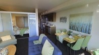 This single-floor unit showcases an efficient open-concept layout that seamlessly integrates the living, dining, and kitchen areas into one cohesive space. The living area features a substantial blue sectional sofa accented with green and yellow throw pillows and a cozy knit blanket, creating a welcoming focal point. Adjacent to the sofa, a wooden dining table with sleek metal legs is surrounded by green upholstered chairs, offering a stylish and functional dining space.

The kitchen runs along the back wall and is equipped with dark espresso cabinetry, stainless steel appliances including a refrigerator and oven range, and light-toned countertops. A compact workspace flows naturally into the dining zone, maximizing utility without compromising flow.

A sliding frosted-glass panel separates the sleeping area from the main living space, providing privacy while maintaining an airy, open feel. The bedroom glimpses a large window offering city views, filling the space with natural light. Track lighting runs along the ceiling, providing adjustable illumination throughout. Decorative wall art and greenery add warmth and character to the overall modern aesthetic.