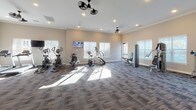 This spacious fitness center is thoughtfully designed to accommodate a wide range of workout routines. The room features neutral-toned walls, crown molding, and patterned carpet flooring throughout, creating a clean and comfortable exercise environment. Multiple ceiling fans with recessed lighting ensure consistent airflow and visibility across the entire space.

Natural light pours in through numerous windows fitted with white blinds, brightening the room and creating an inviting atmosphere. The facility is divided into distinct workout zones. The cardio section is outfitted with elliptical trainers, stair climbers, stationary bikes, and treadmills, each accompanied by mounted flat-screen televisions for entertainment during workouts. A cable machine with TRX suspension straps rounds out the functional training offerings.

The free weights area includes a full rack of dumbbells, a flat workout bench, stability balls in various sizes, and a medicine ball rack — providing everything needed for strength and flexibility training. A large wall-mounted mirror in the free weights zone enhances the sense of space while allowing users to monitor their form. A cable resistance machine adds additional strength-training versatility. Access to an adjacent room is available through glass-panel double doors, completing this comprehensive and well-appointed fitness facility.