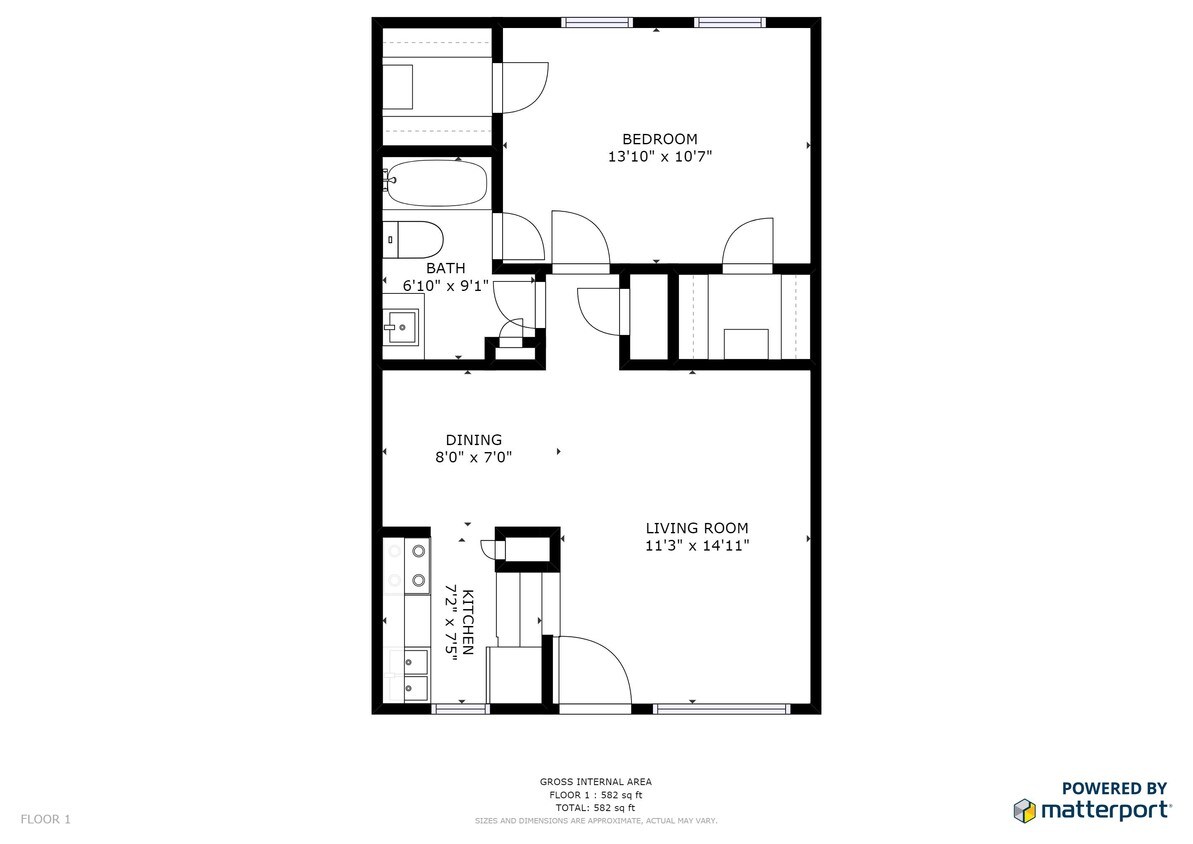 1 habitación, 1 baño Plano de planta - Spring Creek Apartments