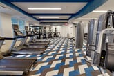 This fitness center at 3514 Columbia Pike in Arlington, Virginia, offers a well-appointed, single-floor exercise facility designed with both form and function in mind. The space makes a strong visual impression through its bold interior design, highlighted by striking blue geometric accent beams across the white ceiling that lend a dynamic, energetic atmosphere throughout. Underfoot, a vibrant chevron-patterned carpet in shades of blue, white, and gray ties the aesthetic together cohesively.

The cardio zone is generously equipped with a row of treadmills and elliptical machines, each outfitted with individual display screens. Large mirrors are strategically positioned along the walls to enhance the sense of openness and allow users to monitor their form. Natural light filters in through windows along one wall, offering views of the surrounding greenery and brightening the space considerably.

The strength training area features a selection of Insight Fitness cable and resistance machines alongside a full dumbbell rack, providing a comprehensive range of options for resistance workouts. A glass-walled enclosure near the entrance adds a modern, transparent architectural element. Linear LED lighting runs across the ceiling, ensuring bright, even illumination throughout the entire facility. Overall, the fitness center presents a clean, contemporary environment well-suited for a complete workout experience.