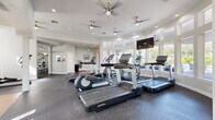 Located at 1500 Seagull Dr in Palm Harbor, Florida, this single-story fitness facility offers a comprehensive, well-appointed exercise environment spread across four dedicated exercise rooms. The layout is thoughtfully organized to accommodate a wide range of fitness activities.

The standout cardio room features a striking circular design with floor-to-ceiling windows that wrap around the space, flooding it with natural light and offering outdoor views. Treadmills, upright bikes, and ellipticals are positioned to take full advantage of this bright, airy atmosphere, complemented by ceiling fans and a wall-mounted TV.

An adjacent strength training area provides ample room for weight machines, a power rack, benches, and a full dumbbell rack, all set on durable rubberized flooring. Ceiling fans keep the space comfortable during intensive workouts.

A dedicated hardwood-floored studio serves as a versatile space for cycling classes, featuring spin bikes and a wall-mounted flatscreen TV, with additional room for stretching and group fitness. Exercise balls, mats, and other functional fitness accessories are neatly stored nearby.

Throughout the facility, white walls, abundant natural light from multiple windows, vaulted ceilings in select areas, and ceiling fans create a clean, modern, and energizing atmosphere well-suited for a variety of fitness routines.