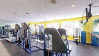 This fitness center offers a thorough and well-organized workout environment designed to support a wide range of exercise routines. The space is defined by its bold yellow accent walls, dark rubberized flooring, and a textured white ceiling with recessed lighting, creating an energetic yet functional atmosphere. Large windows fitted with horizontal blinds line the perimeter, allowing ample natural light to fill the room while offering views of the greenery outside. A full wall of floor-to-ceiling mirrors on one side visually expands the space and aids users in monitoring their form during workouts. The cardio section is well-stocked with multiple treadmills, elliptical trainers, and upright and recumbent bikes, all arranged to maximize accessibility. The strength training area features a robust selection of cable and resistance machines with blue steel frames, accommodating a variety of muscle groups and fitness levels. Hanging potted plants add a touch of life and warmth to the environment. A standout feature is the glass-enclosed racquetball court, visible from within the fitness area, providing an additional recreational option. Small storage lockers and informational signage are also present, completing the practical amenities of this well-rounded facility.