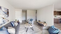 Located at 12 Meadow Rd in Pennsville, NJ, this single-floor residence offers a well-organized layout with a cohesive, modern design. The living room is a comfortable and inviting space featuring light wood-style flooring, neutral walls, and a large sliding glass door that fills the room with natural light and provides views of the surrounding greenery. The open flow connects seamlessly to a dedicated dining area, which includes a window overlooking the exterior and ample room for a full dining set. The kitchen is a standout feature, equipped with rich two-tone cabinetry in warm brown and cool gray tones, marble-look countertops, white subway tile backsplash, and a full suite of stainless steel appliances including a range, refrigerator, and over-range ventilation. Light wood-style flooring carries throughout the main areas, adding continuity. The bedrooms are carpeted for comfort, each offering windows that bring in natural light, wall-unit air conditioning, and closet space with sliding doors. The bathroom features a clean, fully tiled tub and shower enclosure with classic white subway tile and chrome fixtures. Overall, the space presents a fresh, updated feel with a neutral palette that provides a versatile and functional living environment.