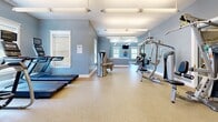 This single-story fitness center on Maple Tree Lane in East Lyme, Connecticut, offers a thoughtfully designed workout facility organized across interconnected zones. The space is finished with durable speckled rubber flooring throughout, providing both safety and comfort during exercise. Soft blue-gray walls and crisp white trim create a clean, calming aesthetic that carries consistently through each area.

The main cardio zone is generously proportioned and houses a row of treadmills, elliptical trainers, and upright bikes, each equipped with individual display monitors. Overhead, linear fluorescent fixtures and vaulted ceiling sections keep the space bright and open. Windows along the perimeter walls allow natural light to filter in, enhancing the overall ambiance.

A dedicated strength training area is accessible through glass-paneled interior doors framed in white trim, offering a selection of cable machines and resistance equipment from brands including Hoist and Cybex. An adjacent functional training zone features a medicine ball rack and open floor space ideal for stretching or dynamic exercises.

A mirrored wall in the strength area expands the visual depth of the space, while a wall-mounted television provides entertainment. The facility also includes a small dumbbell station, fire safety equipment, and clearly marked exits, reflecting a well-maintained and safety-conscious environment.