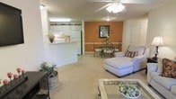 This single-floor residence showcases an open-concept design that seamlessly connects the living, dining, and kitchen areas into one cohesive space. The living area features plush carpeting and is anchored by a ceiling fan that provides both functionality and a central visual element. A cushioned sectional with an ottoman and a glass-top coffee table furnish the space comfortably, creating a welcoming atmosphere.

Adjacent to the living area, a dedicated dining space is distinguished by a warm terracotta accent wall adorned with decorative sconces and a framed piece of wall art. A round glass-top dining table with ornate metal chairs sits beneath, adding an elegant touch. The kitchen is accessible via a raised breakfast bar, offering a practical pass-through that maintains the open feel of the layout. White cabinetry, a full-size refrigerator, and a cooktop are visible from the main living area, with decorative greenery lining the top of the upper cabinets. Throughout, neutral tones, carpeted flooring, and warm accent colors combine to create an inviting, cohesive interior ambiance.