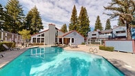 Located at 7849 Sunrise Blvd in Citrus Heights, California, this single-level community amenity space offers a well-appointed outdoor retreat designed for recreation and relaxation. The centerpiece of the property is a generously sized swimming pool with clear, blue water, accessible via stainless steel entry rails and surrounded by a broad concrete pool deck. Lounge chairs and seating areas are thoughtfully arranged around the pool, providing ample space for sunbathing and leisure.

A covered patio area adjacent to the pool offers shade and shelter, furnished with an outdoor dining table and chairs — ideal for al fresco gatherings. The structure features a distinctive architectural design with vertical board-and-batten gray siding, red-accented rooflines, and tall pitched gable windows that allow natural light to filter through. A dedicated fitness center is conveniently accessible directly from the covered patio area.

The space is enclosed by fencing for privacy and security, while mature evergreen and deciduous trees frame the perimeter, creating a lush, park-like atmosphere and providing natural shade throughout the day. The surrounding landscaping includes well-maintained hedges and shrubs that enhance the overall aesthetic. This community amenity space combines functional outdoor facilities with an inviting, tree-canopied environment.