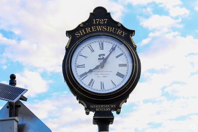 Shrewsbury's downtown has an old New England feel and look with their centralized clocks.