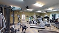 This fitness center offers a comprehensive workout environment designed to support a wide range of exercise routines. The space is finished with warm sage-green walls and a herringbone-patterned hardwood floor that adds a clean, modern aesthetic underfoot. Overhead, flush-mounted fluorescent lighting ensures the room is consistently well-lit, complemented by a ceiling fan that promotes air circulation during intense workouts. A defining architectural feature is the floor-to-ceiling mirror wall that spans one side of the room, visually expanding the space and allowing users to monitor their form during exercise. Natural light filters in through multiple windows fitted with blinds, providing a bright and energizing atmosphere. The fitness center is equipped with a variety of cardio machines, including treadmills, elliptical trainers, and stationary bikes, as well as a multi-function cable and weight machine for strength training. Rolled yoga mats are stored near the entrance, catering to flexibility and low-impact workouts. A wall-mounted flat-screen television is positioned for convenient viewing during cardio sessions. The space is accessed through French doors and is clearly marked with safety signage, reflecting a thoughtfully organized and functional fitness facility.