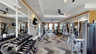 This fitness center is thoughtfully designed to support a comprehensive workout experience across two distinct areas. The main exercise floor features tray ceilings with crown molding and recessed lighting, complemented by ceiling fans that promote airflow throughout the space. Warm earth-toned accent walls contrast with crisp white trim and wainscoting panels, creating a polished, upscale aesthetic. The floor is finished in a bold chevron-patterned carpet, adding visual interest underfoot.

The main floor is outfitted with a full rack of dumbbells, a power rack with a weight bench, multiple cardio machines including treadmills and ellipticals, and stationary bikes. Wall-mounted mirrors expand the sense of space, while multiple flat-screen TVs keep users entertained. Large windows along the perimeter allow natural light to filter in and offer outdoor views.

An adjacent studio room, accessible through glass-paneled sliding doors, features hardwood flooring, arched transom windows that flood the space with natural light, vibrant orange walls, and a mounted TV. This room houses a row of spin bikes, making it well-suited for cycling classes or independent cardio sessions.