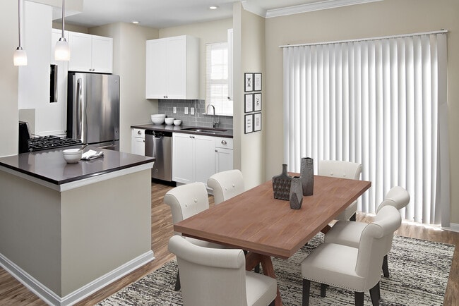 Cocina y comedor con pisos de superficie dura - Avalon Townhome Collection Florham Park