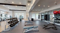 This single-floor fitness center is thoughtfully designed to accommodate a wide range of workout disciplines across multiple distinct zones. The facility features high ceilings accented by dark exposed wood beams, recessed lighting throughout, and ceiling fans that contribute to a comfortable training environment. Large windows and glass double-entry doors flood the interior with natural light and offer views of the surrounding outdoor landscape.

The cardio zone is lined with Matrix treadmills and ellipticals, each equipped with individual screens and positioned to face oversized windows. The strength training area houses an extensive rack of dumbbells, a variety of Matrix selectorized machines, and adjustable benches. Flooring transitions between light hardwood in the machine zones and durable rubber sport flooring in the free-weight and functional training areas.

A dedicated functional training zone includes a wall-mounted multi-functional rig with TRX suspension trainers, resistance bands, battle ropes, a heavy punching bag, medicine balls, stability balls, and kettlebells. Full-length mirrors line this section, enhancing visibility and spatial depth. Built-in shelving and open wall storage add organizational utility throughout the facility.