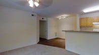 This single-floor residence presents a practical and functional layout centered around an open living area. The space features a clear transition between two distinct flooring types — plush carpeting in the main living zone and rich, dark hardwood flooring extending toward the kitchen and hallway areas, adding visual contrast and definition to each zone.

The living area is equipped with a ceiling fan with integrated light fixture, providing both airflow and ambient lighting. A track lighting fixture mounted near the kitchen area offers additional directed illumination. A raised breakfast bar counter separates the living space from the adjacent kitchen area, creating a natural division while maintaining an open feel.

Neutral, light-colored walls throughout contribute to a clean and understated aesthetic. HVAC vents are present both on the ceiling and at the base of the wall, indicating a comprehensive climate control system. A hallway visible from the main living area leads further into the residence, suggesting additional rooms beyond the main living space. The overall design is straightforward and move-in ready.