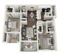 The Magnolia floor plan at Aspire at Gateway offers 960 square feet of thoughtfully designed single-story living in Pinellas Park, FL. The open-concept kitchen and living area serves as the heart of the unit, featuring white shaker cabinetry, quartz countertops, a subway tile backsplash, stainless steel appliances, and a peninsula that provides additional prep and seating space. Wood-look luxury vinyl plank flooring flows consistently throughout the entire unit, complementing the neutral gray walls and white trim. The primary bedroom measures a generous 270 square feet and includes access to a walk-in closet outfitted with wire shelving systems. Two additional bedrooms each feature ceiling fans and windows that bring in natural light. The full bathroom is clean and functional, offering a tub-shower combination, a single vanity, and coordinating brushed nickel fixtures. A dedicated laundry room accommodates a full-size washer and dryer. The primary living area includes a sliding glass door with vertical blinds leading to a private balcony overlooking the landscaped community grounds. A connecting hallway ties all rooms together for a practical and efficient layout.