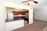 Located at 340 N College Dr in Franklin, Virginia, this single-floor unit offers a practical and well-organized layout designed for comfortable everyday living. The kitchen is a standout feature, equipped with rich dark wood cabinetry, dark granite-style countertops, tile flooring, a black dishwasher, a white refrigerator, and an electric range with overhead ventilation. Ample upper and lower cabinet storage provides generous space for kitchen essentials. The open living area is finished with wall-to-wall carpet and features a ceiling fan, creating a comfortable and airy atmosphere. A pass-through counter connects the kitchen to the living space, enhancing the open feel of the floor plan. Natural light filters in through multiple windows fitted with blinds throughout the unit. The bedrooms are carpeted and well-proportioned, each with windows that bring in outside light, and one includes a ceiling fan. The bathroom is clean and functional, featuring tile flooring, a single vanity with wood cabinetry, a wide mirror, and a full tub-shower combination with chrome fixtures and grab bars. The unit's neutral color palette and consistent finishes provide a cohesive and move-in-ready environment.