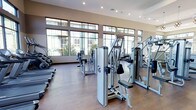 This modern fitness center is designed to provide a comprehensive workout environment for users of all fitness levels. The space features warm hardwood flooring throughout, creating a clean and inviting atmosphere that complements the professional-grade equipment on offer.

The facility is outfitted with an impressive selection of Cybex strength training machines, including cable systems and multi-functional units, as well as a dedicated row of cardio equipment. The machines are thoughtfully arranged to allow ample space for comfortable movement between stations.

Natural light pours in through a generous bank of large, multi-pane windows that span the length of one wall, offering views of lush greenery and trees outside. This abundance of daylight enhances the open, airy feel of the space, making workouts feel energizing rather than confined.

Recessed ceiling lighting supplements the natural light, ensuring the facility is well-lit at all hours. The neutral-toned walls and high ceilings further contribute to the spacious, uncluttered ambiance. Overall, this fitness center strikes an ideal balance between a fully functional, equipment-rich workout space and a bright, welcoming environment.