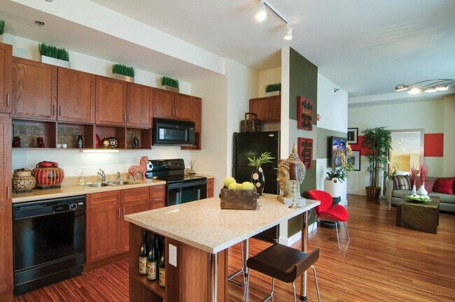 Cocina de los apartamentos 63 E Lake con electrodomésticos negros. - 63 E Lake
