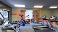 This fitness center is designed to support a well-rounded workout experience within a single-floor layout. The room features bold orange accent stripes set against neutral beige walls, giving the space an energetic and motivating atmosphere. Overhead fluorescent lighting ensures the area is well-lit throughout, complemented by a arched window along the back wall that allows natural light to filter in, offering a pleasant outdoor view of surrounding trees.

The cardio section is well-appointed, housing multiple treadmills, elliptical trainers, and a stair climber-style machine, each equipped with individual display consoles for tracking workout metrics. A multi-functional cable weight machine is positioned toward the back of the room, providing options for a variety of strength-training exercises. A stability ball and additional free weight equipment round out the strength training offerings.

The flooring consists of low-pile carpet, providing cushioning underfoot while maintaining a clean, functional aesthetic. The layout is thoughtfully arranged to allow adequate space between machines, ensuring comfortable movement throughout the facility.