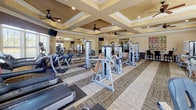 This fitness center is a comprehensively equipped facility designed to support a full range of workout routines. The space is anchored by an impressive array of Cybex branded equipment, including multiple treadmills, elliptical machines, stationary bikes, and a variety of strength-training machines thoughtfully arranged throughout the open floor plan. Patterned carpet tiles in neutral tones of beige and gray cover the floors, providing both durability and visual texture throughout the workout area.

Architecturally, the space features distinctive coffered tray ceilings painted in warm golden tones, accented with recessed lighting and multiple ceiling fans that contribute to comfortable air circulation during workouts. Large windows along the perimeter walls allow abundant natural light to fill the space while offering views of the surrounding exterior. Full-length mirrored walls further enhance the sense of openness and allow users to monitor their form during exercise.

A separate auxiliary room provides additional storage and space for accessories such as stability balls and stretching equipment. Wall-mounted televisions are positioned strategically throughout the facility for entertainment during cardio sessions. Decorative framed artwork and crown molding add a polished, refined finish to the overall aesthetic of this well-appointed fitness center.