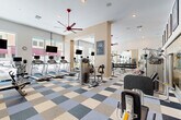 Located in the heart of Sarasota, FL, this expansive fitness center offers a comprehensive exercise environment designed to meet a wide range of workout needs. The space is organized into distinct functional zones, each tailored to a specific type of training. The main cardio area features a row of treadmills and elliptical machines positioned along large street-facing windows, providing abundant natural light and views of the surrounding urban streetscape. Striking red ceiling fans and recessed lighting keep the space bright and comfortable. A bold checkerboard-patterned carpet tile floor in shades of blue, grey, cream, and black ties the open areas together with a modern aesthetic. Framed sports jerseys displayed along the upper walls add a spirited, athletic character to the décor. The strength training section houses a well-stocked dumbbell rack and multiple cable and resistance machines, amplified by floor-to-ceiling mirrors that enhance the sense of space. A separate functional training studio features hardwood-style flooring, wall-mounted bumper plates used as decorative accents, and a dedicated area for mat work, stretching, and dynamic movements. Built-in shelving stores foam rollers and exercise mats for easy access. The overall design is clean, modern, and energizing.