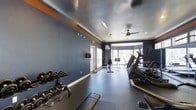 This fitness center is designed to provide a functional and motivating workout environment. The space is finished in a bold navy blue color scheme accented by a vibrant orange stripe along the upper walls, creating an energetic and focused atmosphere. Durable dark flooring runs throughout, suited for heavy equipment and high-traffic use. A dumbbell rack along one wall offers a range of free weights alongside a weight bench, catering to strength training needs. On the opposite side, a row of cardio machines — including ellipticals and upright bikes — lines the space, providing a variety of aerobic workout options. Toward the far end, large windows flood the room with natural light, contributing to an open and airy feel. A glass-paned door provides additional access and further enhances the brightness of the space. Overhead, a ceiling fan ensures comfortable air circulation during workouts, complemented by recessed lighting for consistent illumination. The layout is thoughtfully arranged to maximize usable floor space, allowing for easy movement between equipment. Overall, the fitness center balances practicality and design, offering a well-rounded facility for a variety of exercise routines.